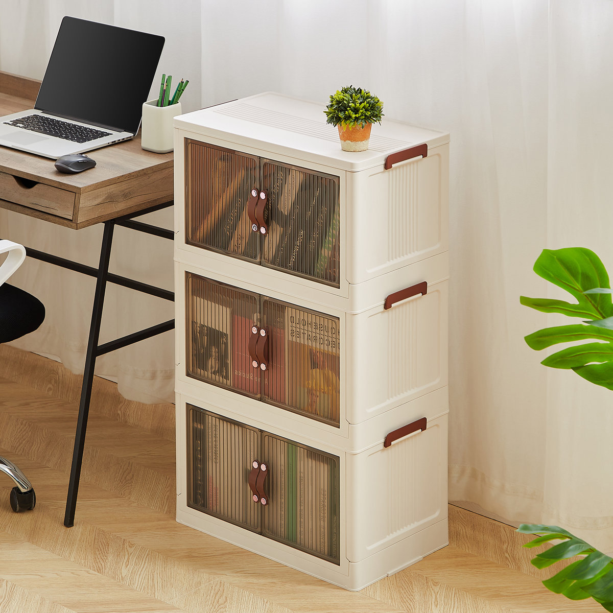 3-Tier Folding Stackable Storage Bins with Lid and Wheels (Set of 2)